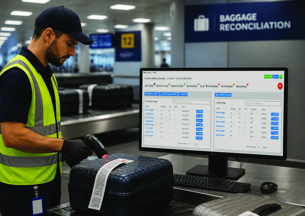 Ground handling agent scanning a bag tag next to the Arvin BRS loading panel