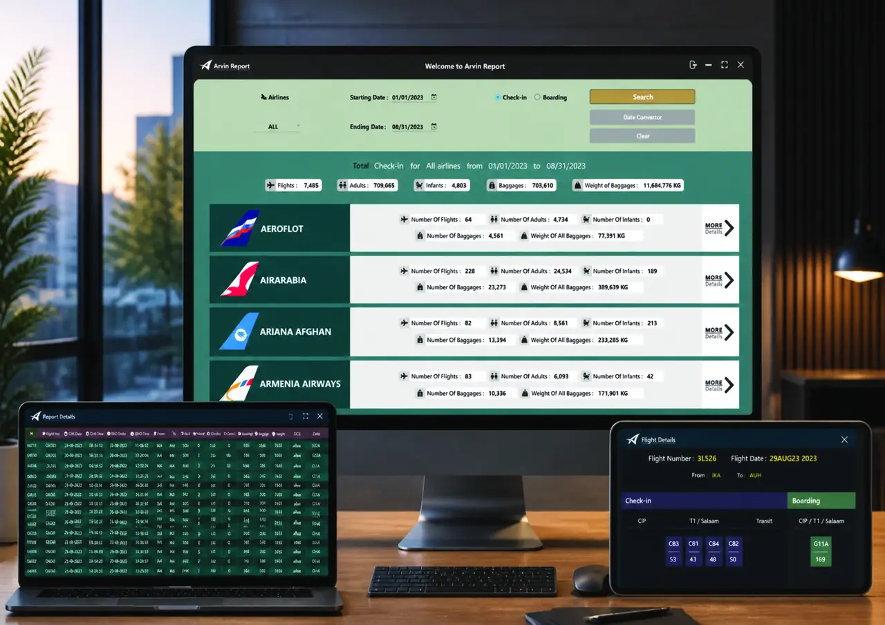Arvin reporting interface showing flights, passengers and baggage totals by airline