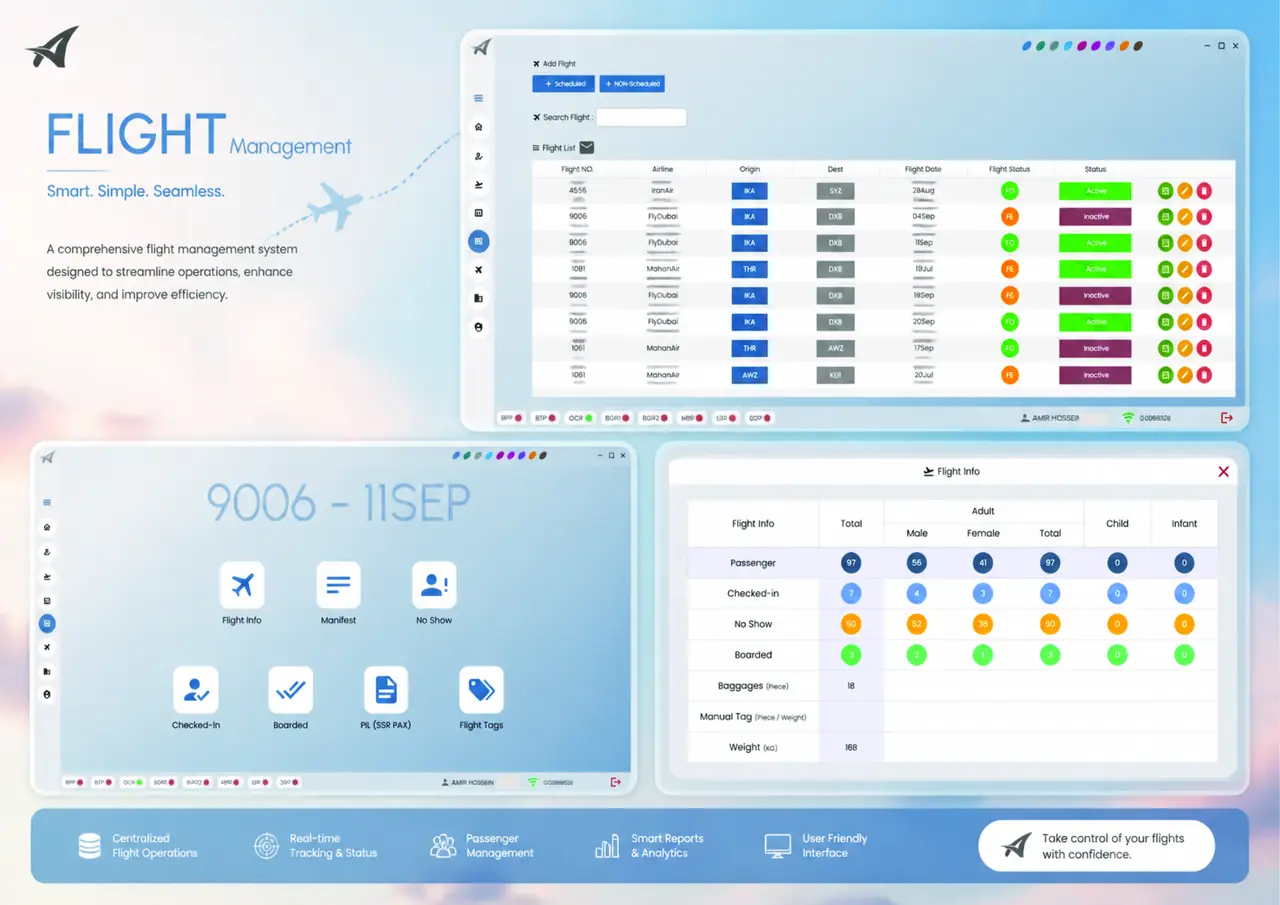 Arvin flight management interface showing the flight list and passenger totals